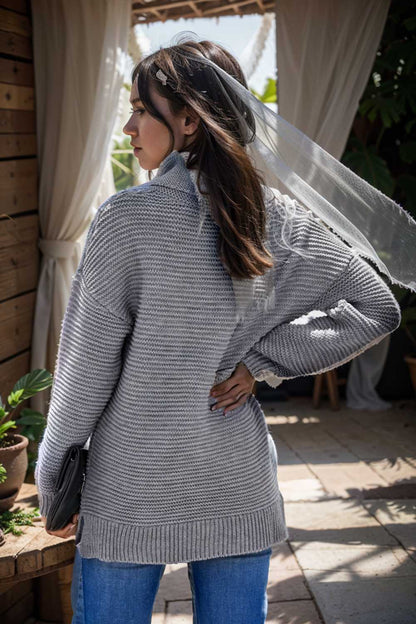 casual chunky knit mock neck long sleeve split pullover sweater 105869