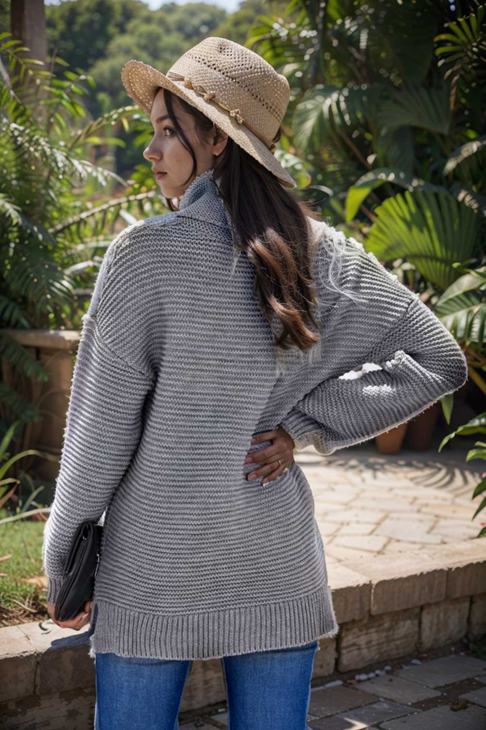 casual chunky knit mock neck long sleeve split pullover sweater 111649