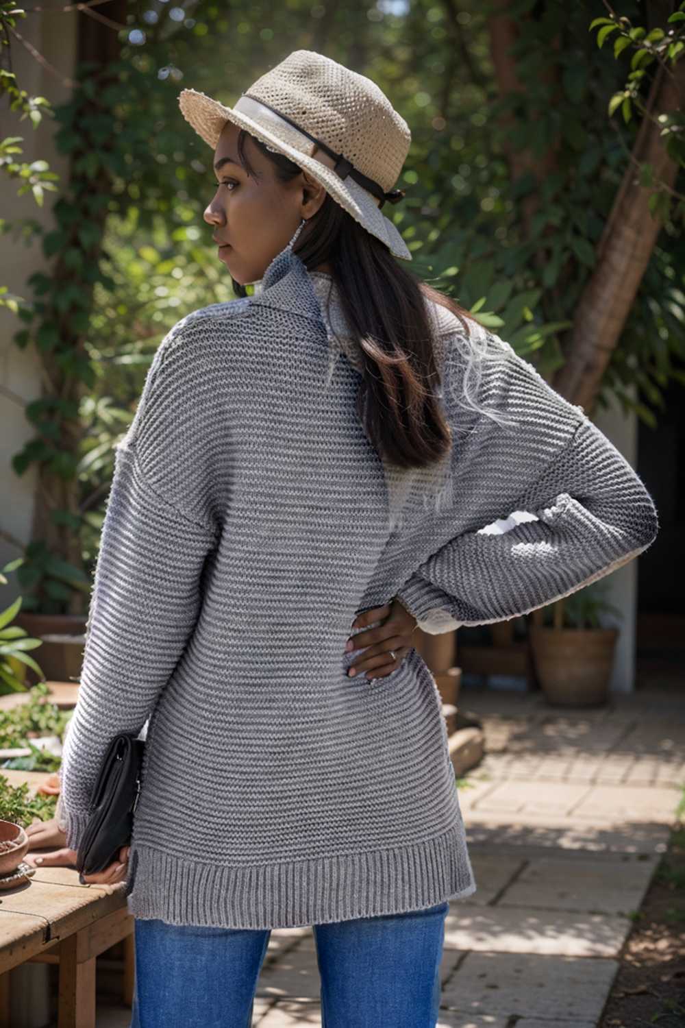 casual chunky knit mock neck long sleeve split pullover sweater 105868