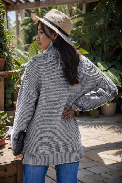 casual chunky knit mock neck long sleeve split pullover sweater 105867