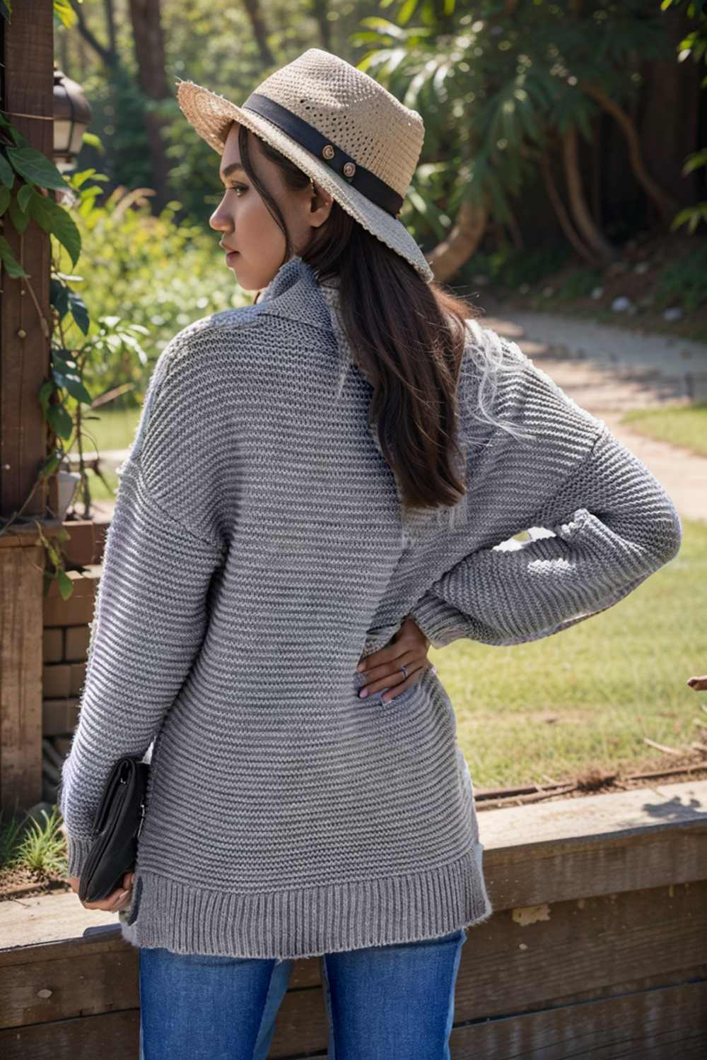 casual chunky knit mock neck long sleeve split pullover sweater 105866