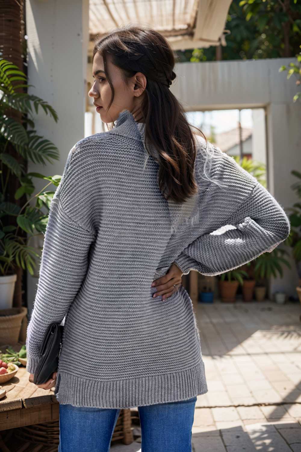 casual chunky knit mock neck long sleeve split pullover sweater 105864