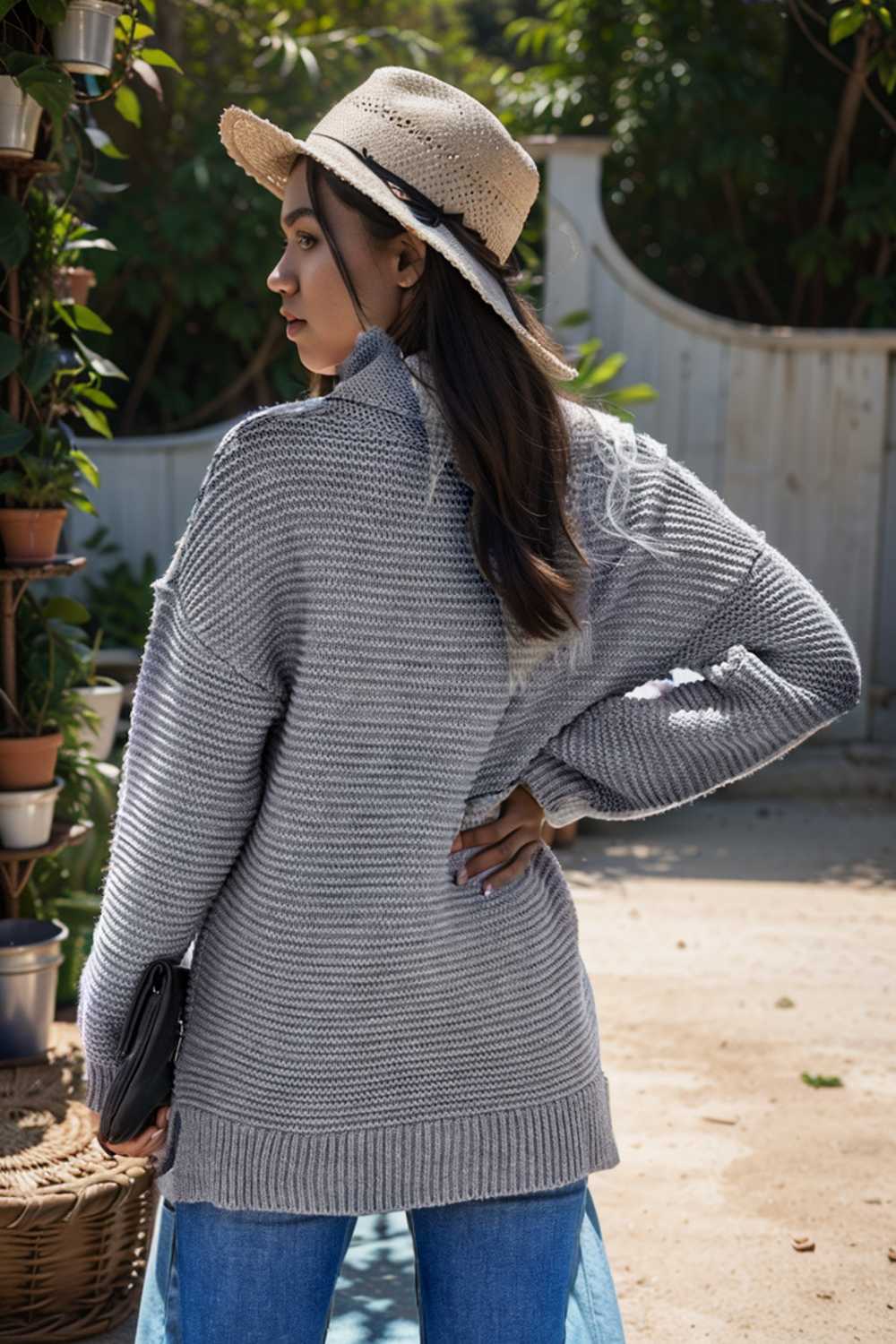casual chunky knit mock neck long sleeve split pullover sweater 105863