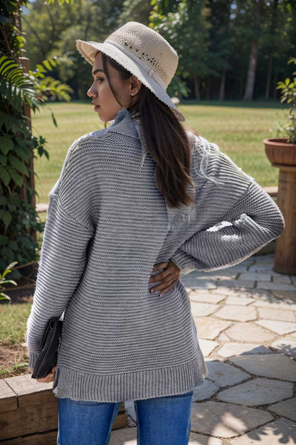 casual chunky knit mock neck long sleeve split pullover sweater 105862