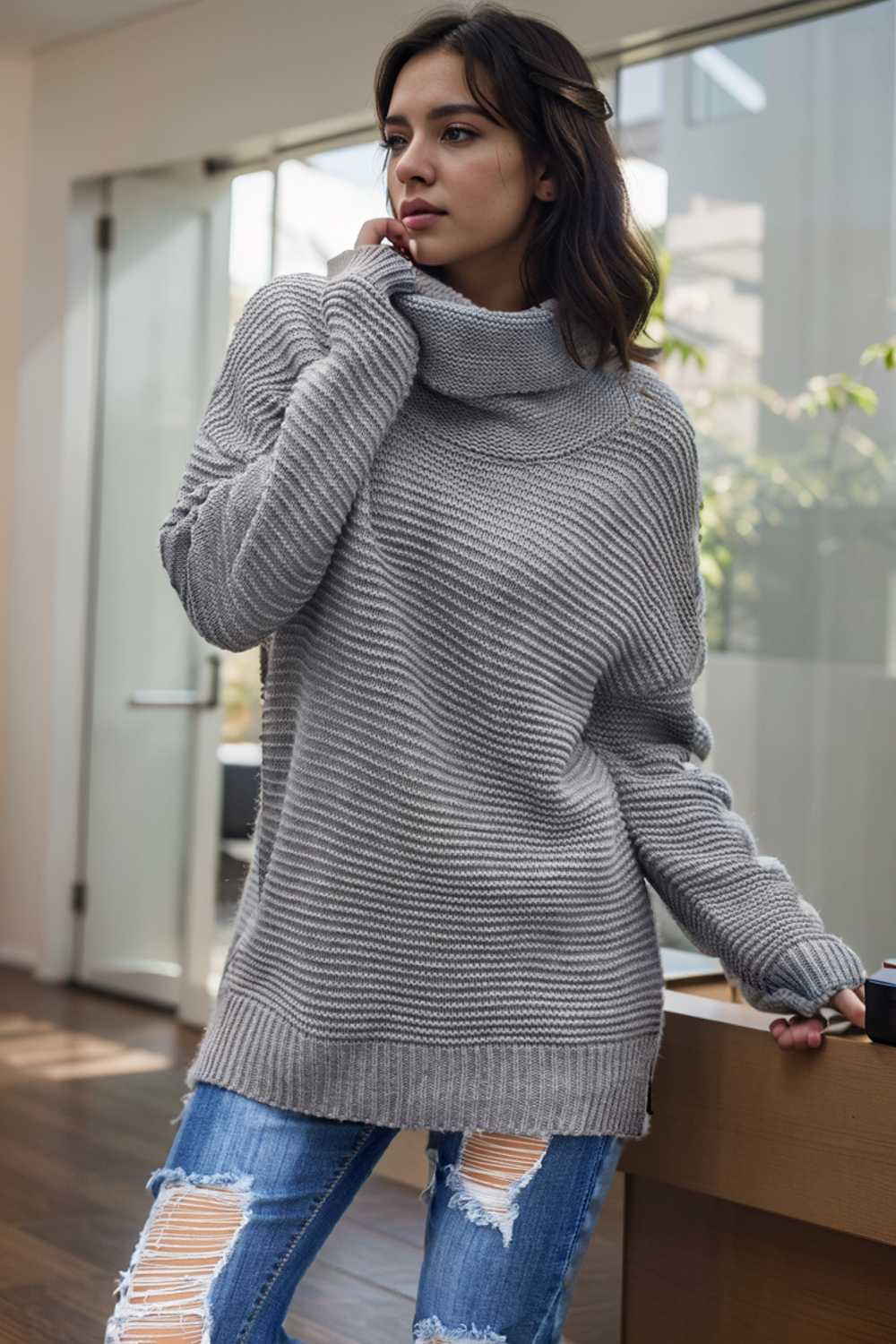 casual chunky knit mock neck long sleeve split pullover sweater 105861