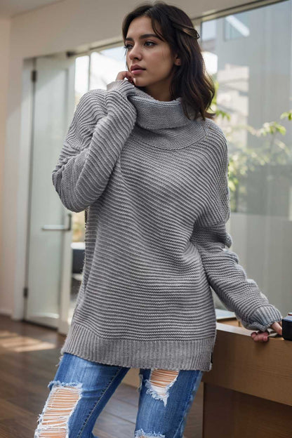 casual chunky knit mock neck long sleeve split pullover sweater 105861