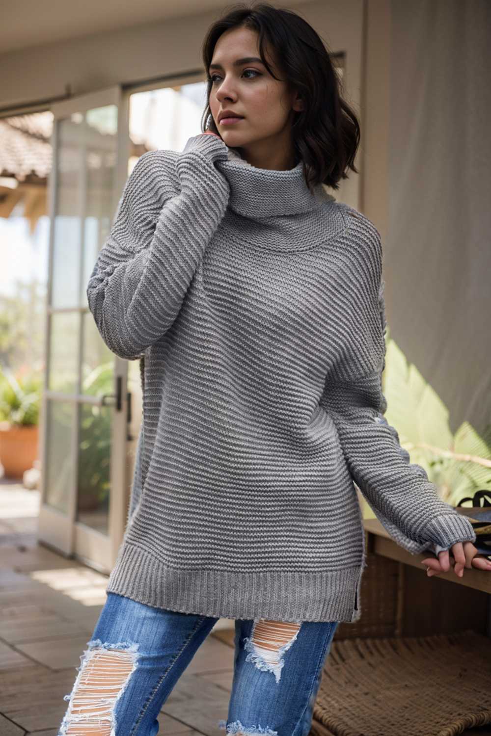 casual chunky knit mock neck long sleeve split pullover sweater 108511
