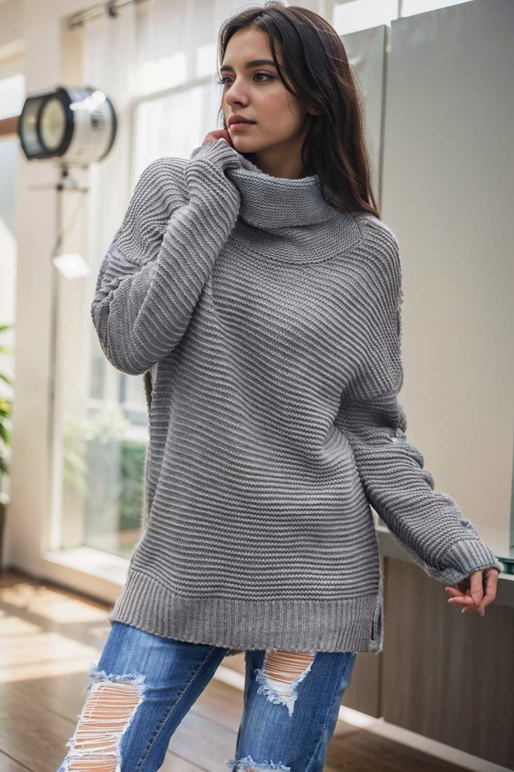 casual chunky knit mock neck long sleeve split pullover sweater 105593