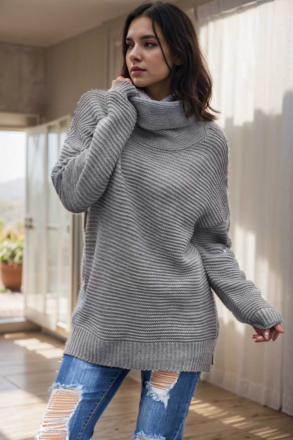 casual chunky knit mock neck long sleeve split pullover sweater 106666