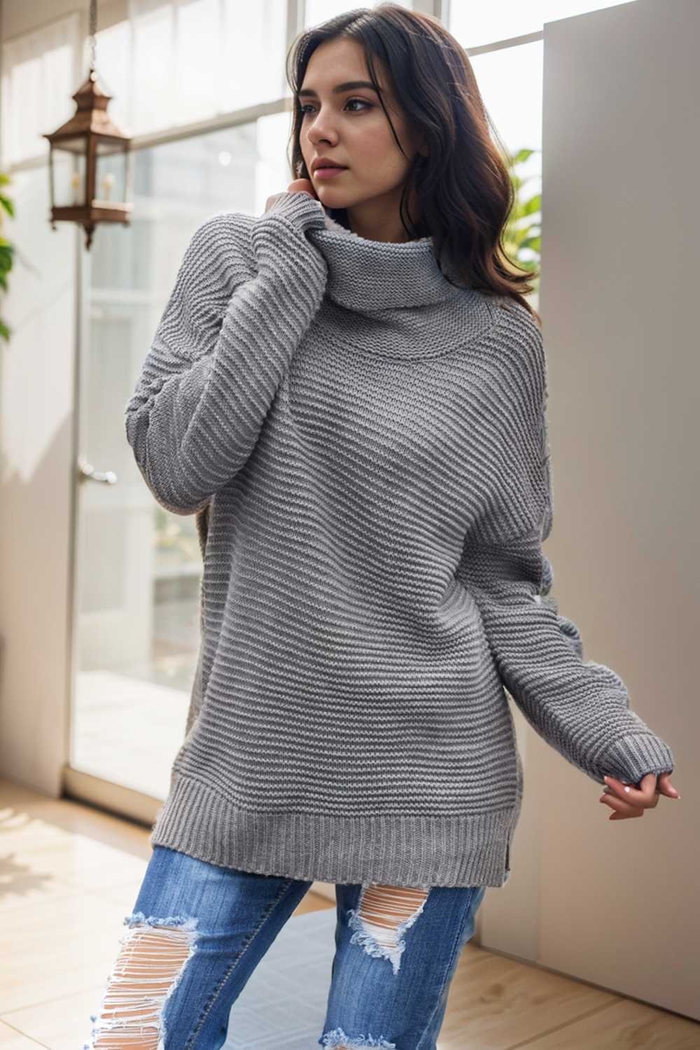 casual chunky knit mock neck long sleeve split pullover sweater 105858