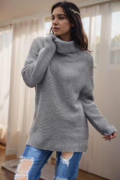 casual chunky knit mock neck long sleeve split pullover sweater 105856