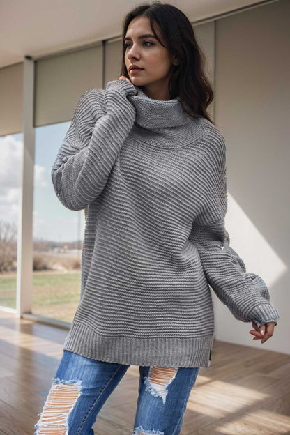 casual chunky knit mock neck long sleeve split pullover sweater 105855