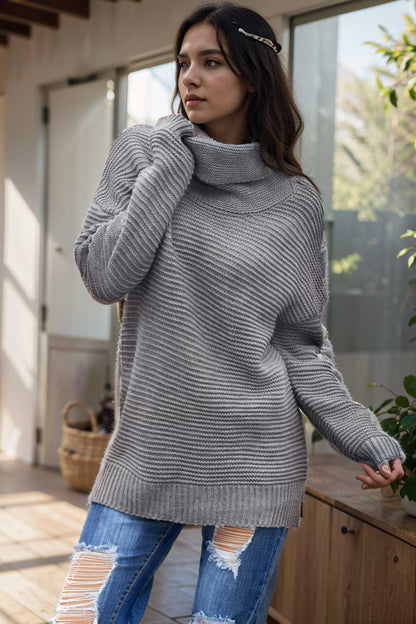 casual chunky knit mock neck long sleeve split pullover sweater 105854