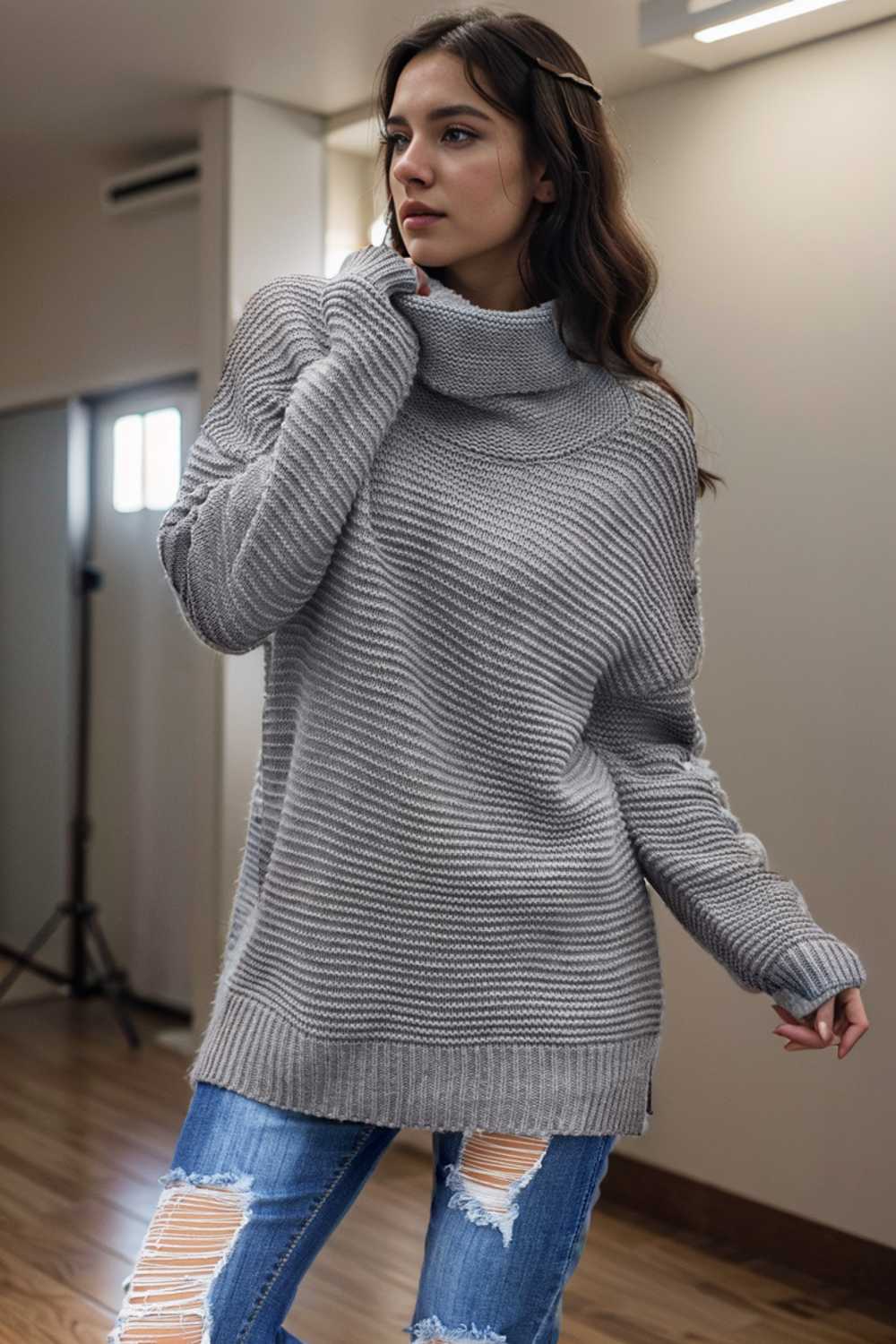 casual chunky knit mock neck long sleeve split pullover sweater 105851
