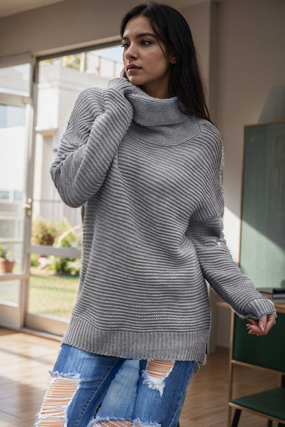 casual chunky knit mock neck long sleeve split pullover sweater 105592
