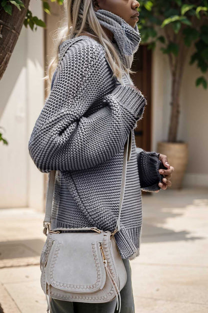casual chunky knit mock neck long sleeve split pullover sweater 105850