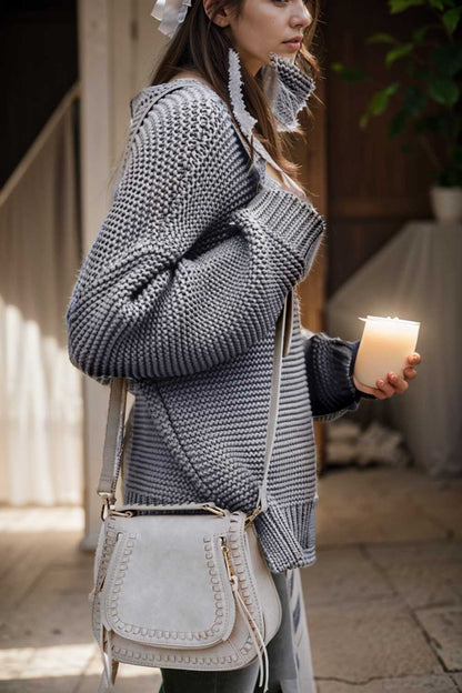 casual chunky knit mock neck long sleeve split pullover sweater 111639