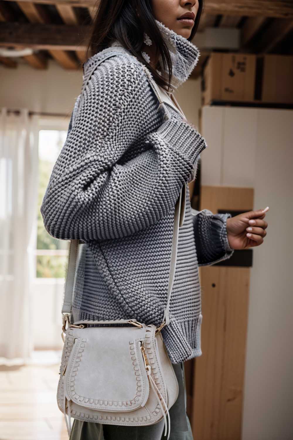 casual chunky knit mock neck long sleeve split pullover sweater 109072