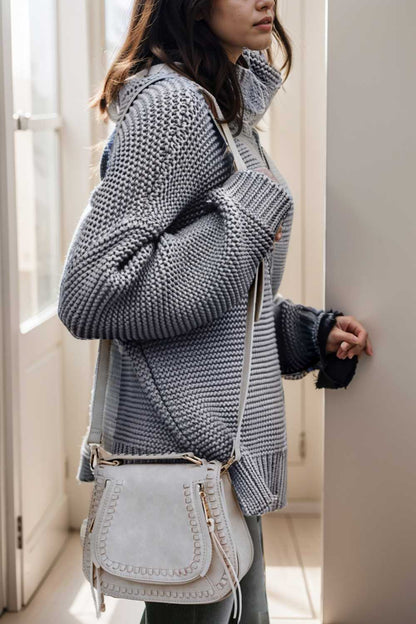 casual chunky knit mock neck long sleeve split pullover sweater 111636
