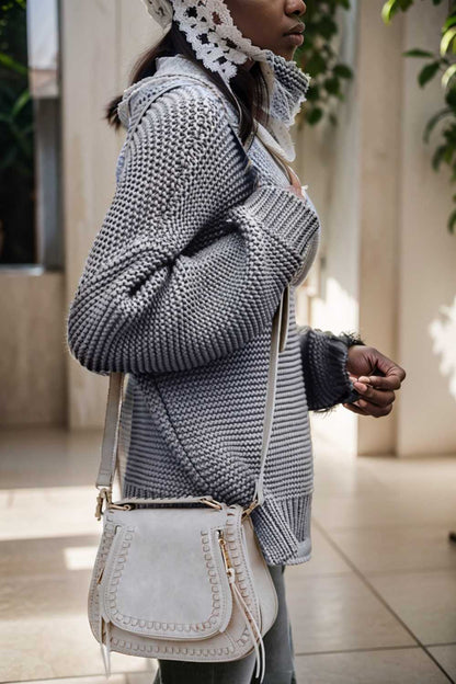 casual chunky knit mock neck long sleeve split pullover sweater 105841