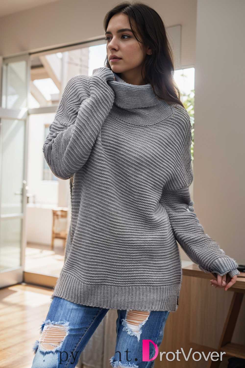 casual chunky knit mock neck long sleeve split pullover sweater 105839