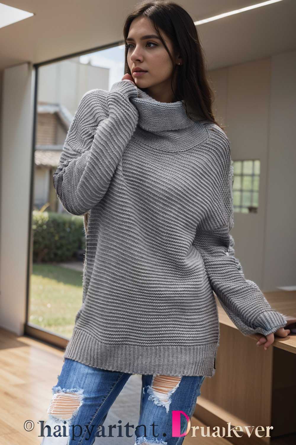 casual chunky knit mock neck long sleeve split pullover sweater 107687
