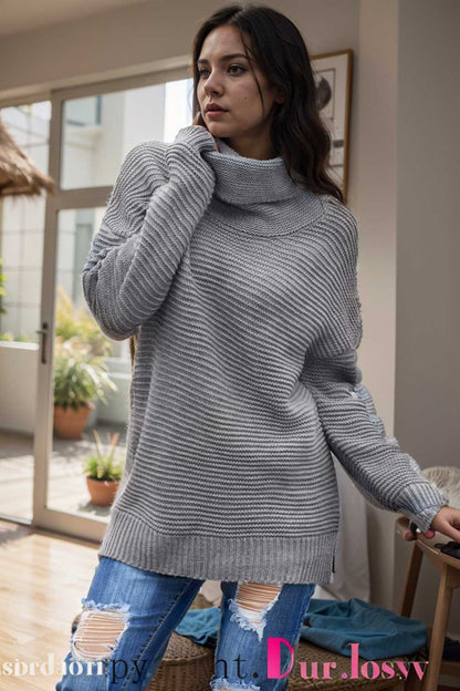 casual chunky knit mock neck long sleeve split pullover sweater 111631