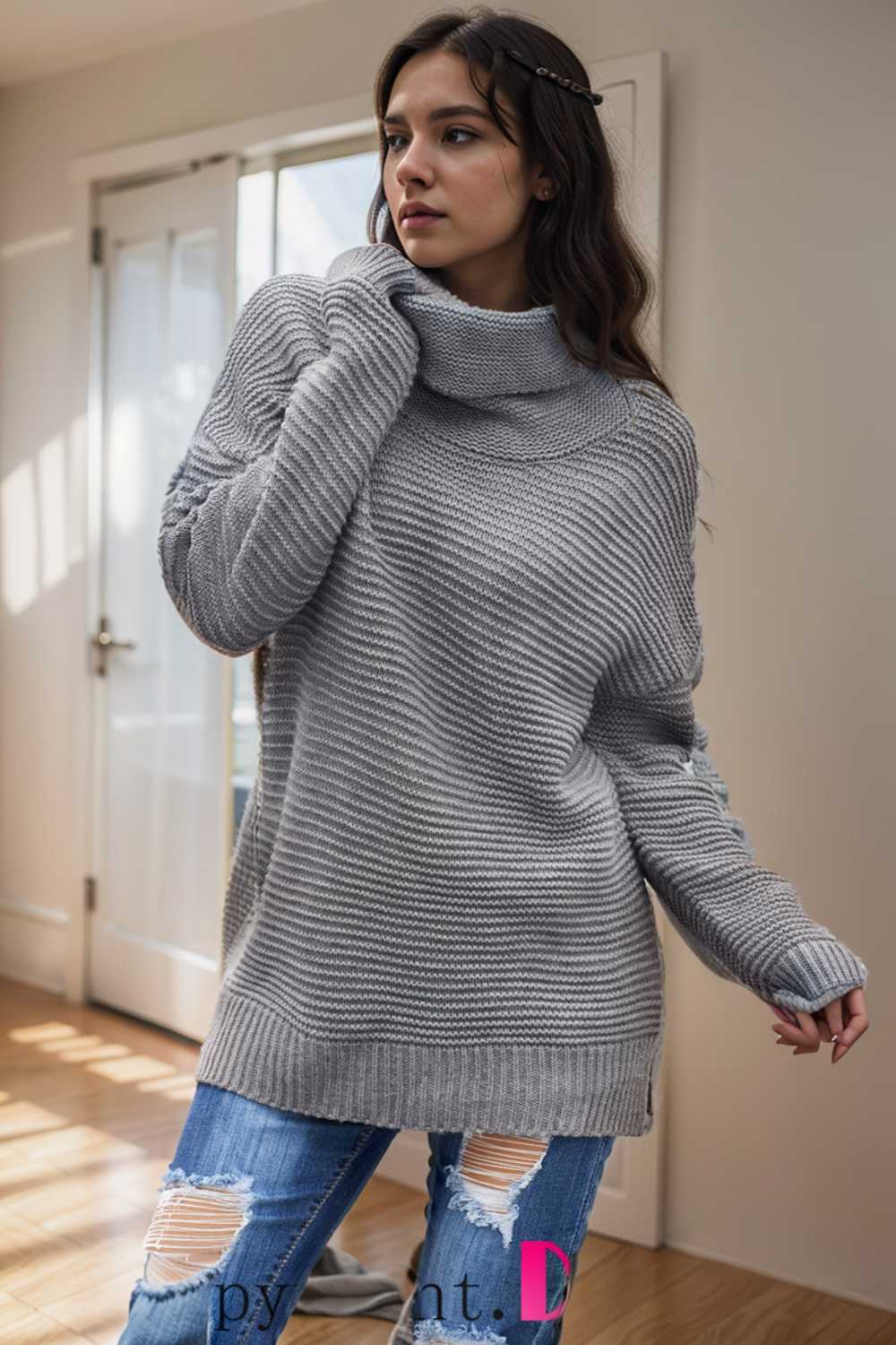 casual chunky knit mock neck long sleeve split pullover sweater 105837
