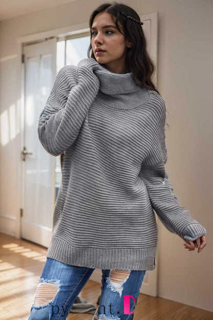 casual chunky knit mock neck long sleeve split pullover sweater 105837