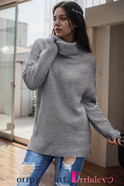 casual chunky knit mock neck long sleeve split pullover sweater 111627
