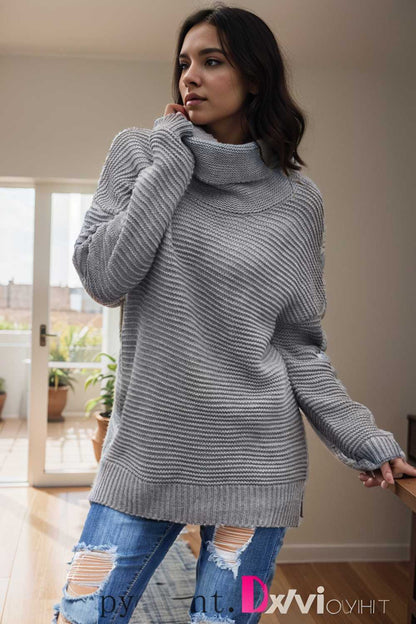casual chunky knit mock neck long sleeve split pullover sweater 105831