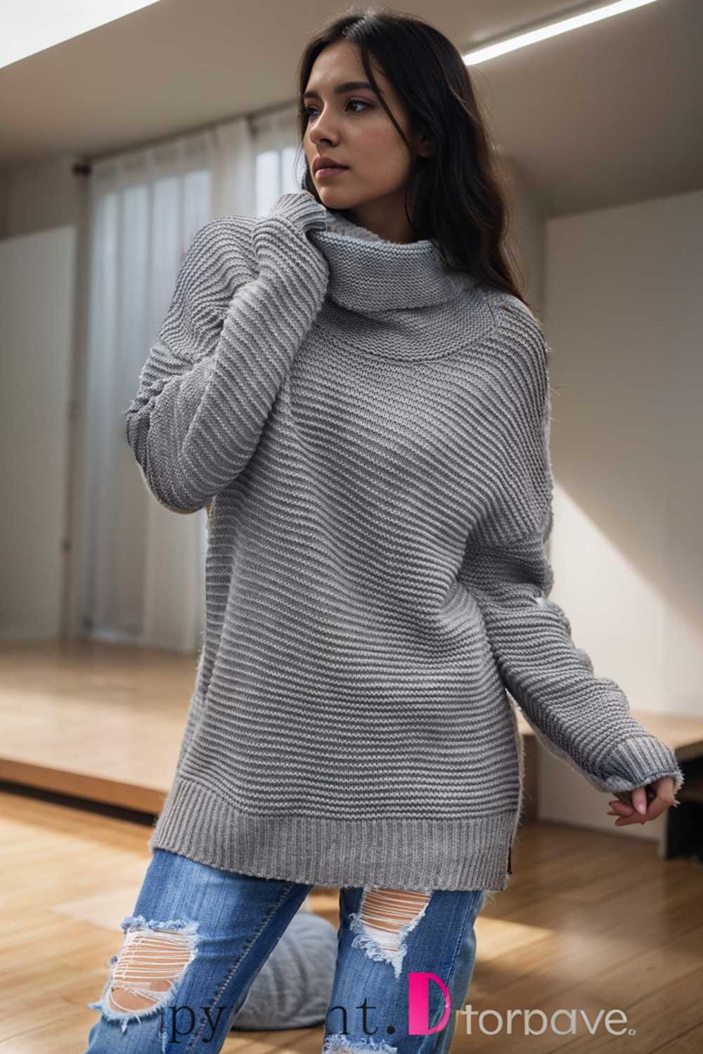 casual chunky knit mock neck long sleeve split pullover sweater 105829
