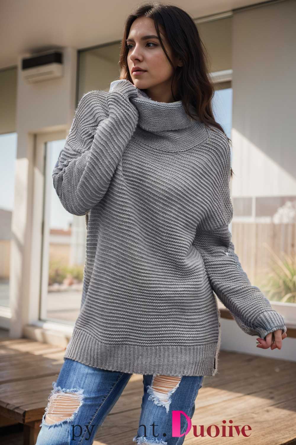 casual chunky knit mock neck long sleeve split pullover sweater 105827