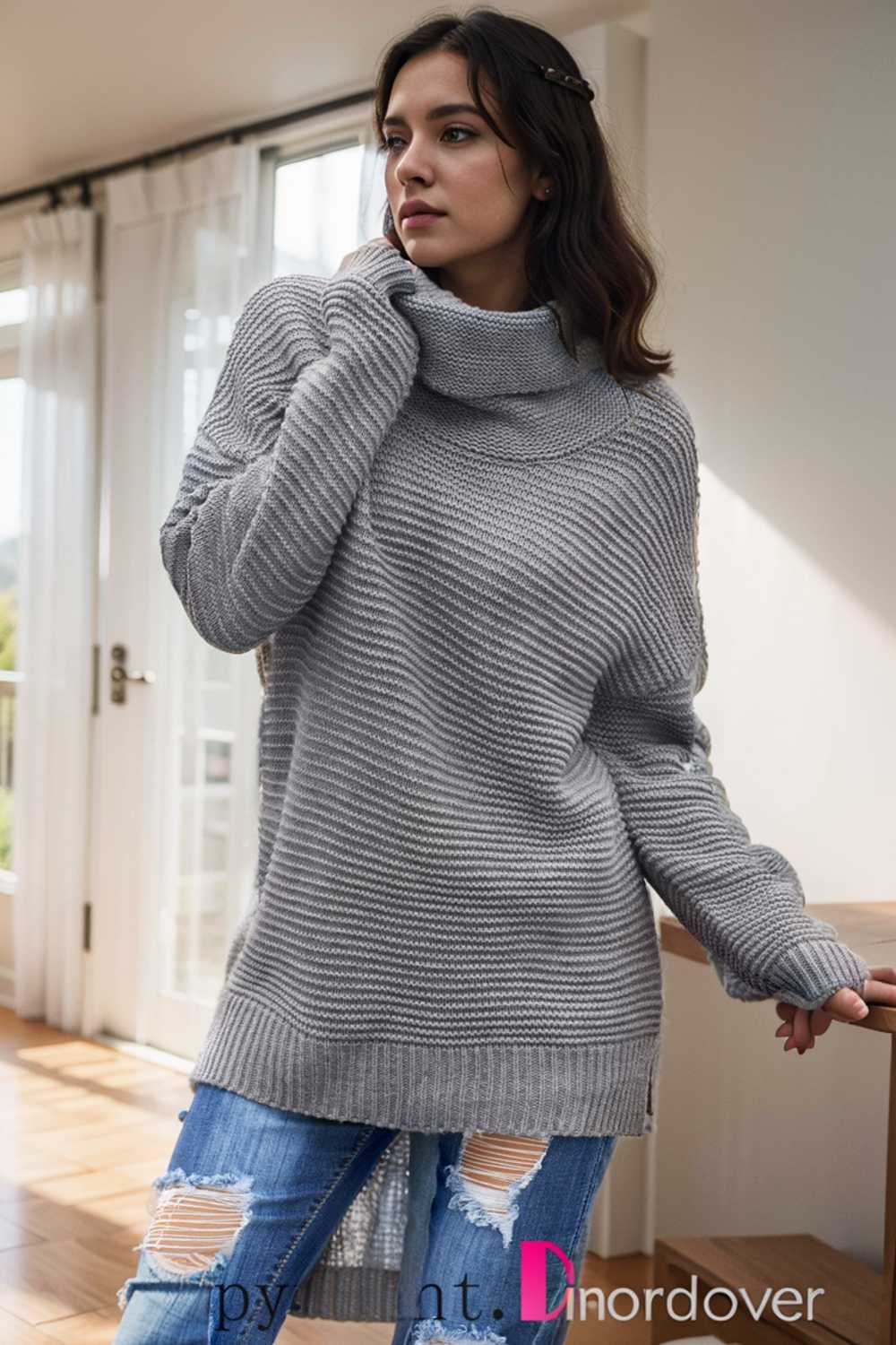 casual chunky knit mock neck long sleeve split pullover sweater 105825