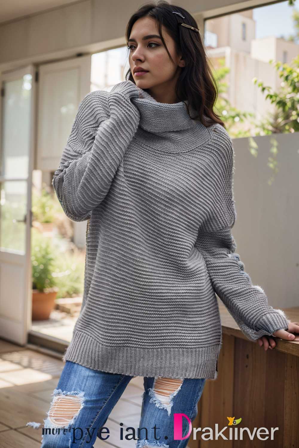 casual chunky knit mock neck long sleeve split pullover sweater 105824