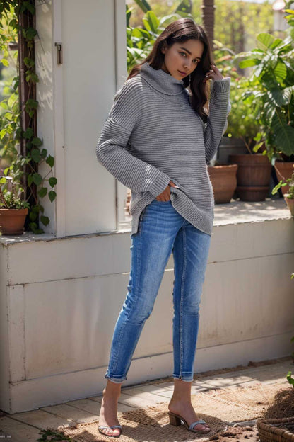 casual chunky knit mock neck long sleeve split pullover sweater 107686
