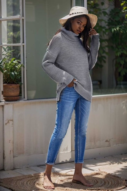 casual chunky knit mock neck long sleeve split pullover sweater 108611