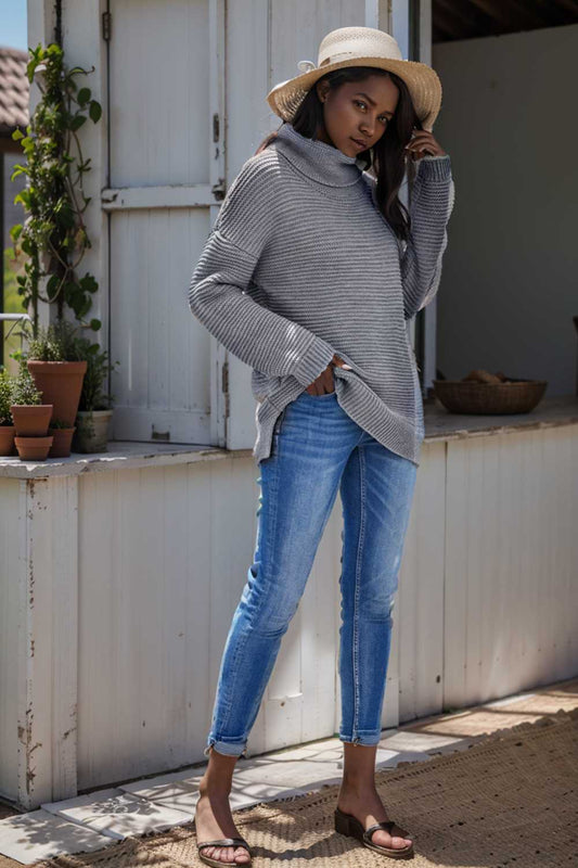 casual chunky knit mock neck long sleeve split pullover sweater 104842