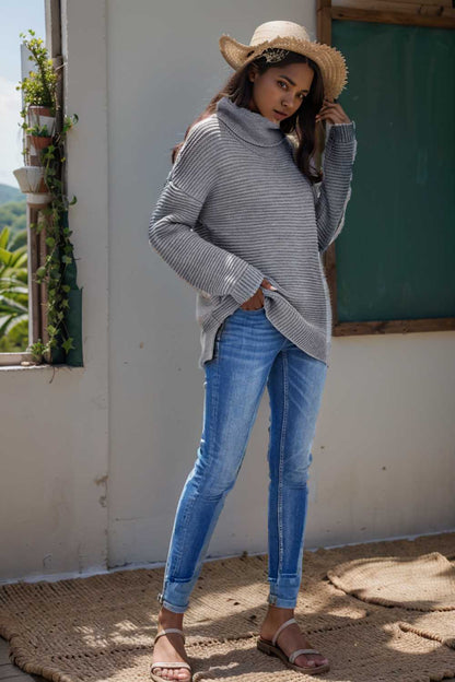 casual chunky knit mock neck long sleeve split pullover sweater 109071