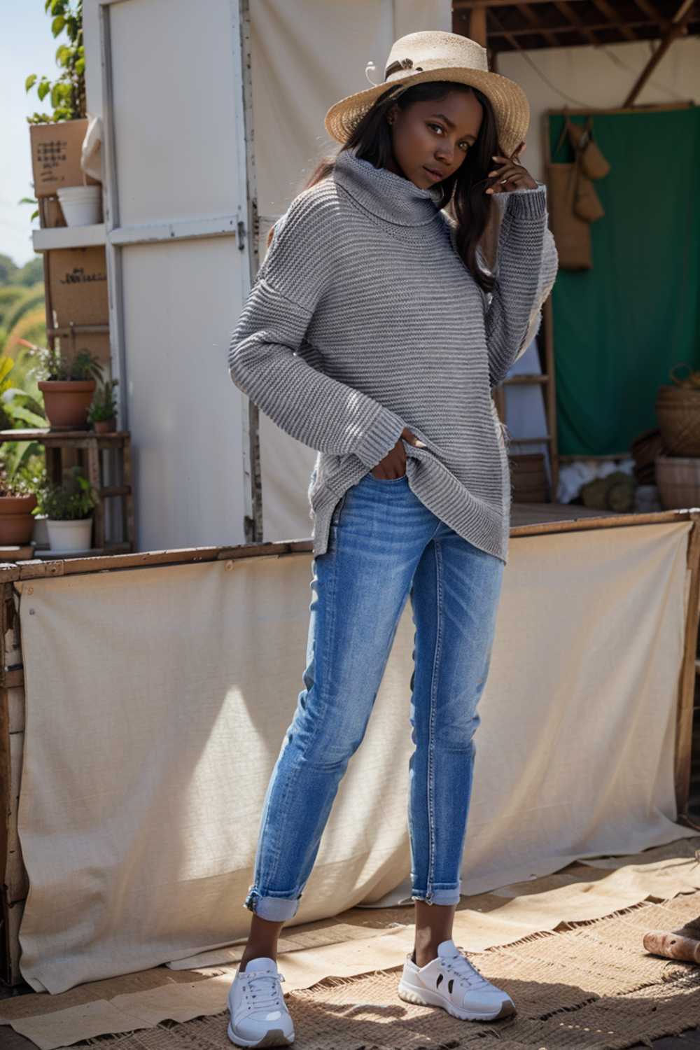 casual chunky knit mock neck long sleeve split pullover sweater 105823