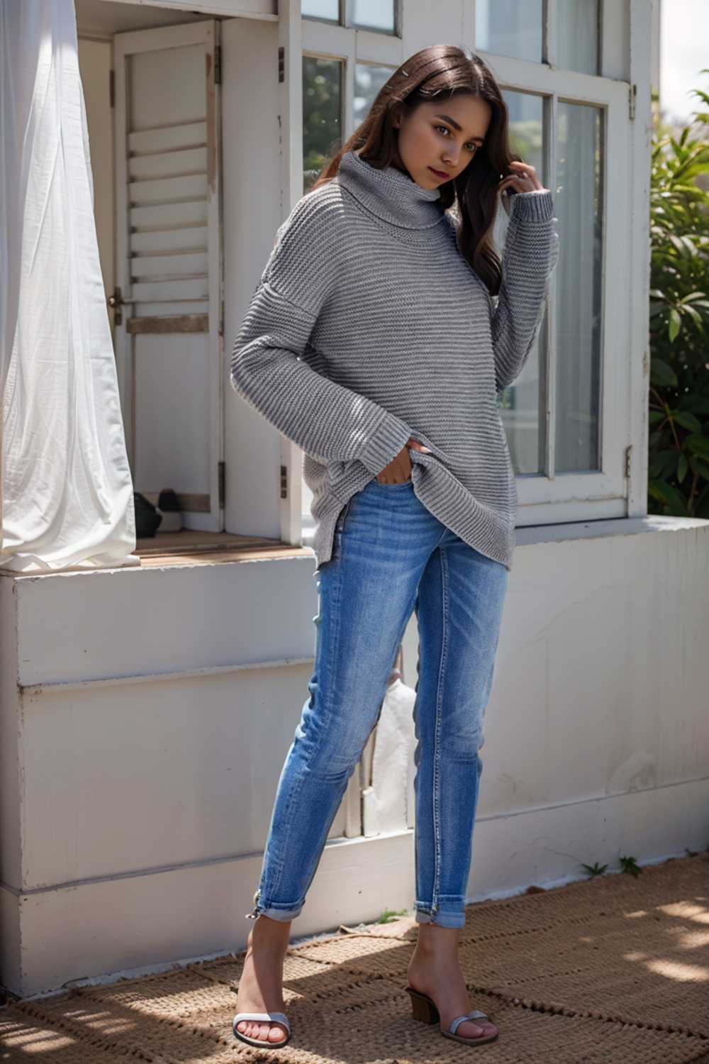 casual chunky knit mock neck long sleeve split pullover sweater 105821