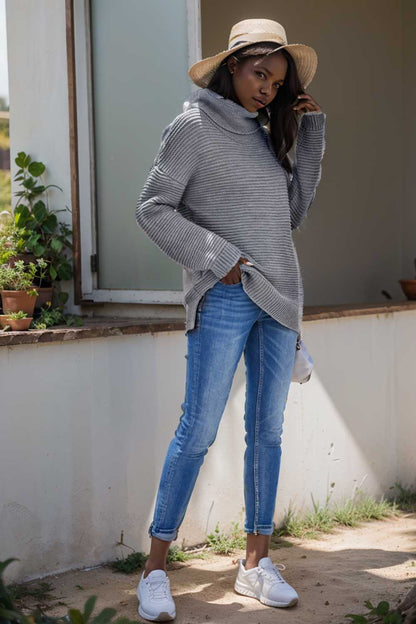 casual chunky knit mock neck long sleeve split pullover sweater 105820