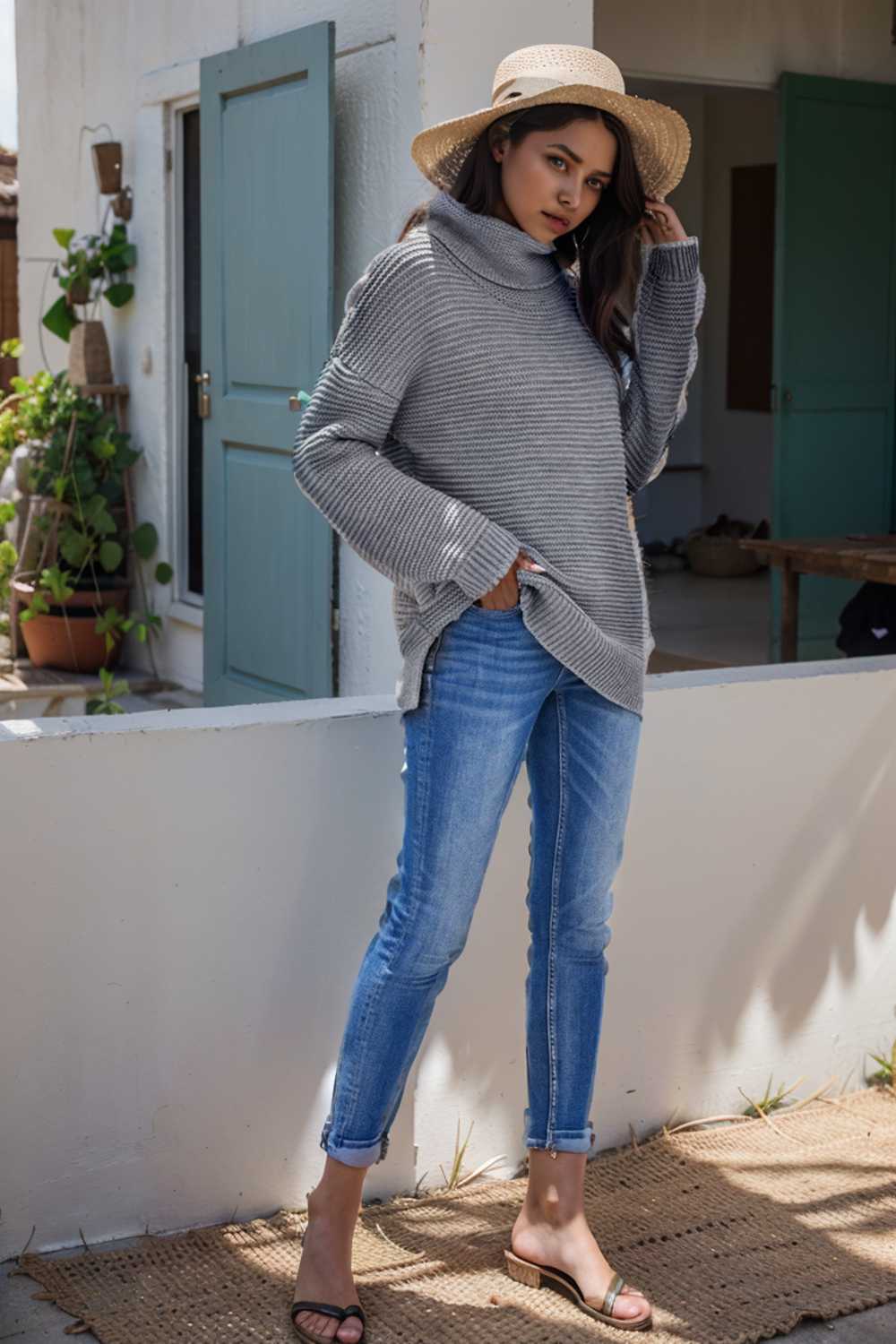 casual chunky knit mock neck long sleeve split pullover sweater 105817