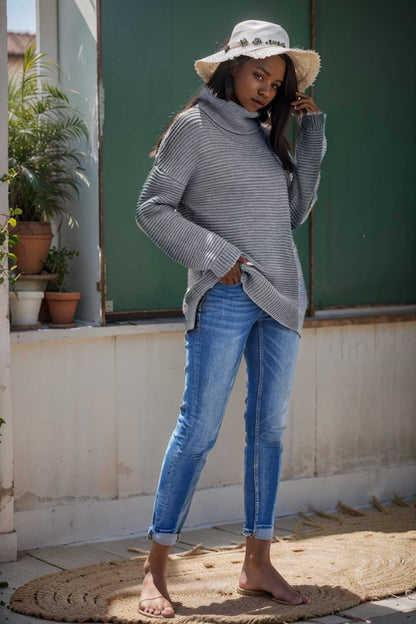 casual chunky knit mock neck long sleeve split pullover sweater 105816