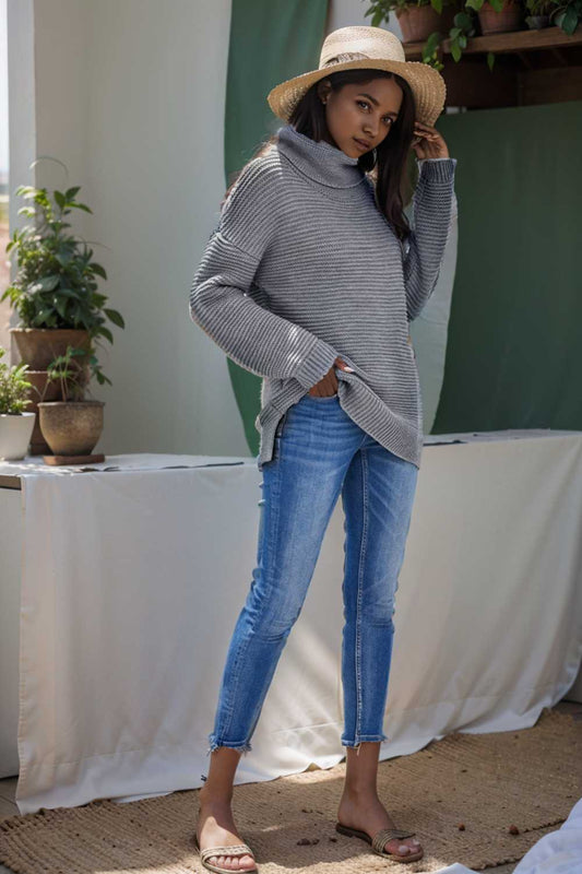 casual chunky knit mock neck long sleeve split pullover sweater 105815
