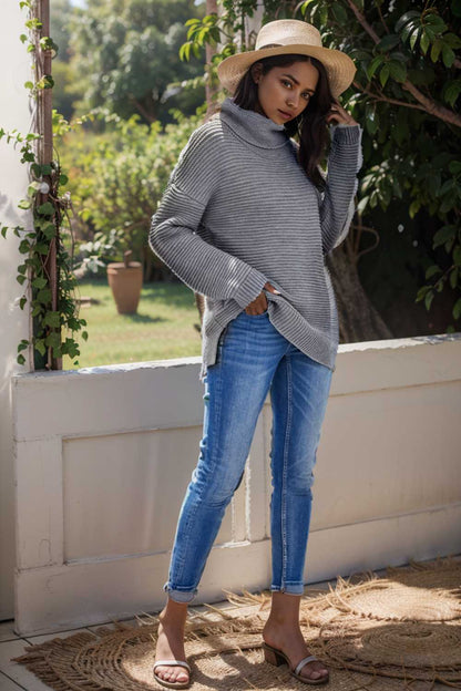 casual chunky knit mock neck long sleeve split pullover sweater 105590