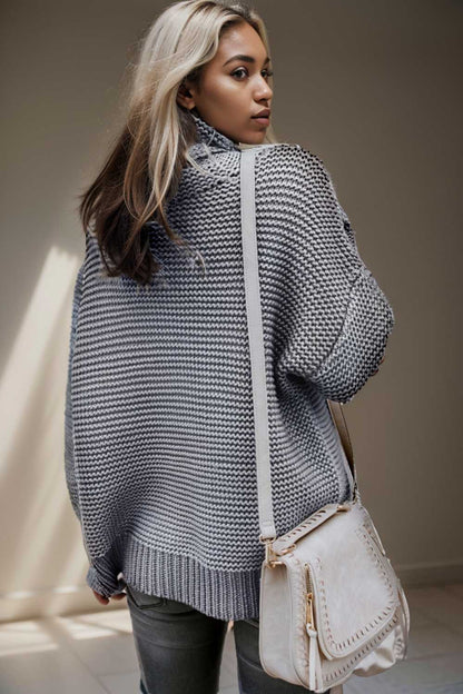 casual chunky knit mock neck long sleeve split pullover sweater 111574