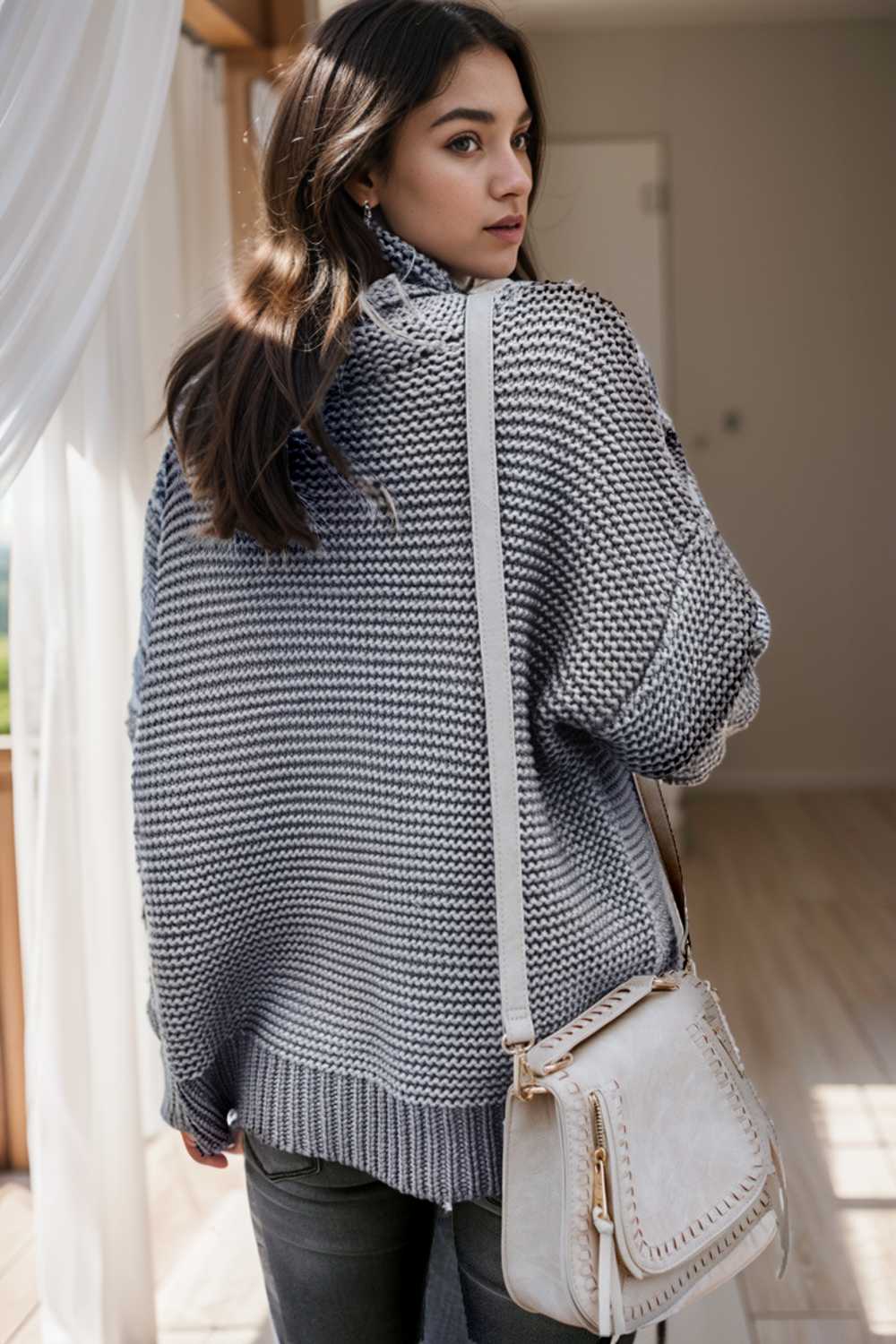 casual chunky knit mock neck long sleeve split pullover sweater 108610