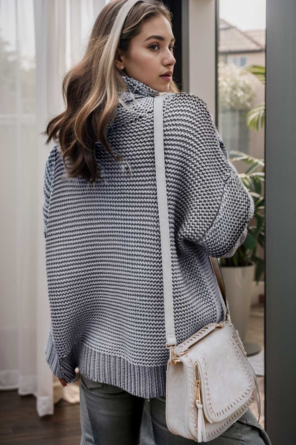 casual chunky knit mock neck long sleeve split pullover sweater 137216