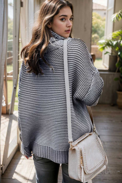casual chunky knit mock neck long sleeve split pullover sweater 109500